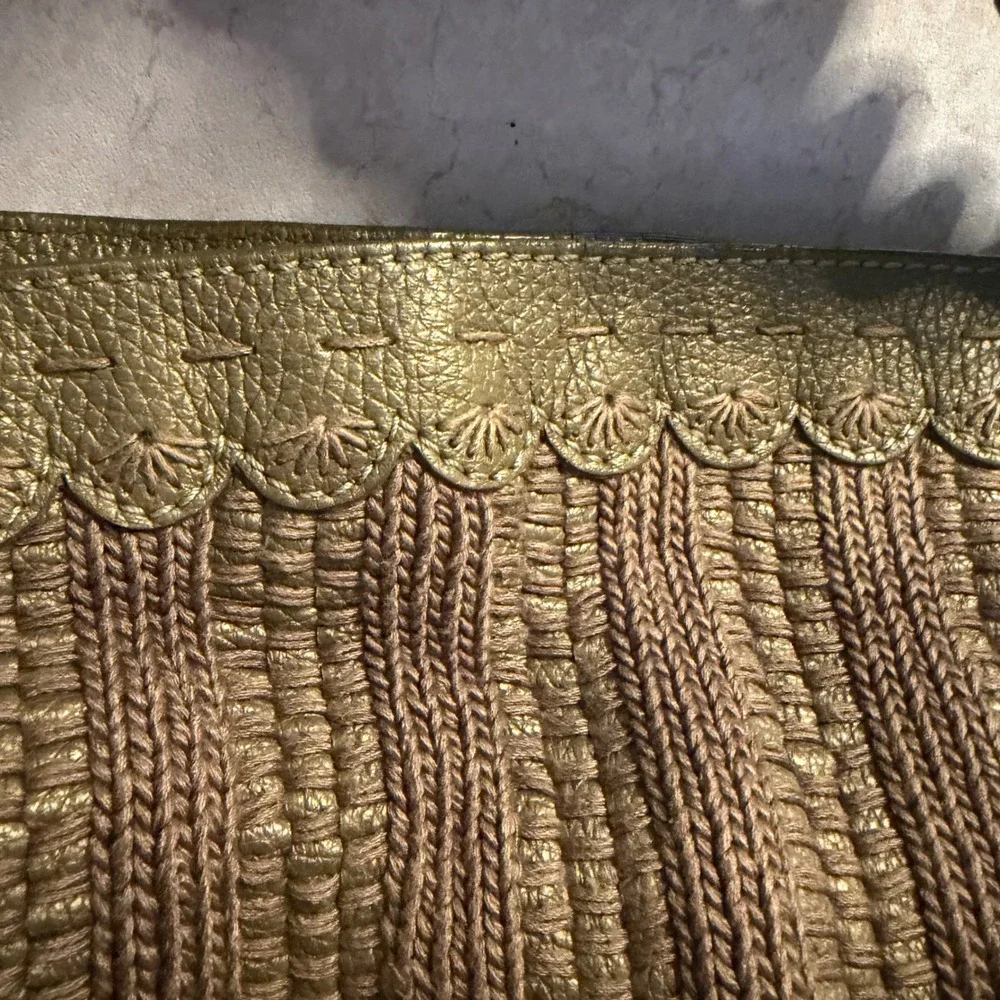 Isabella Fiore Gold Metallic Leather Knit Hobo Bag Scalloped Embroidered Boho